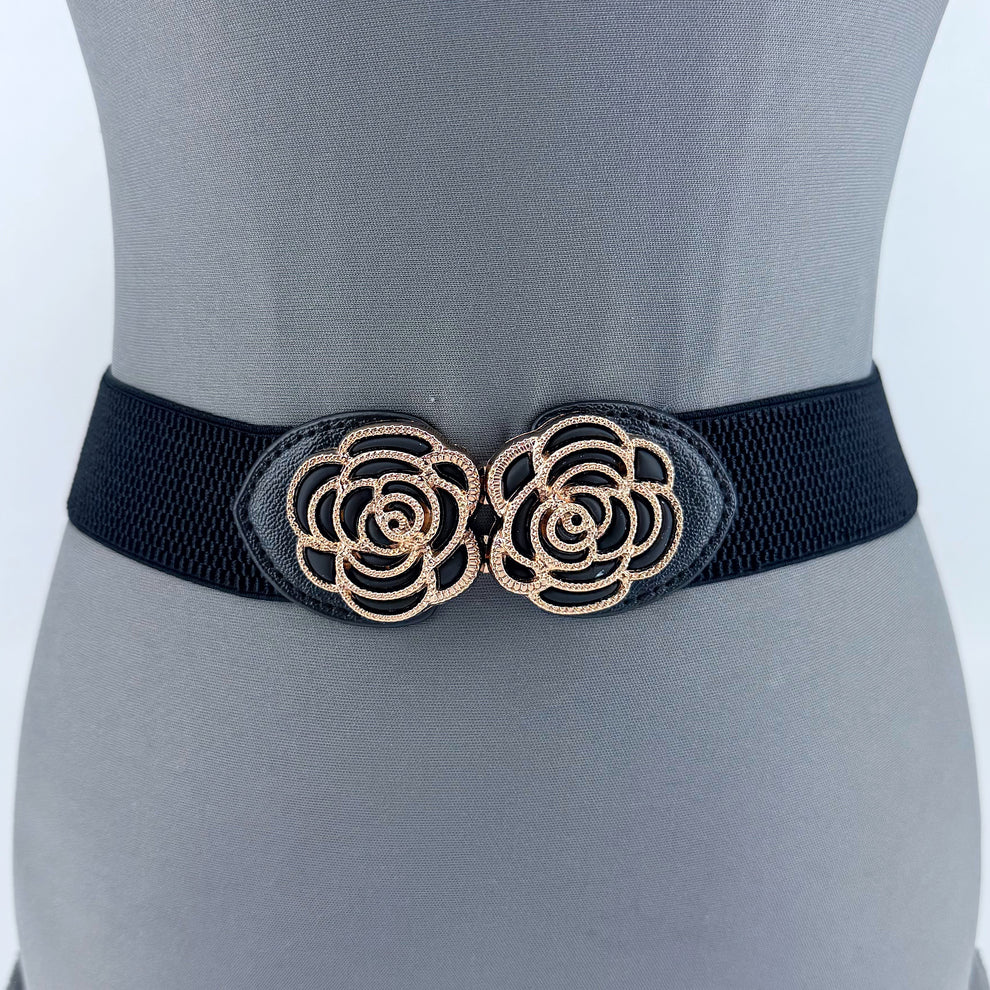 Black Flower Buckle Stretch Belt Fits Up To Sz 2X
