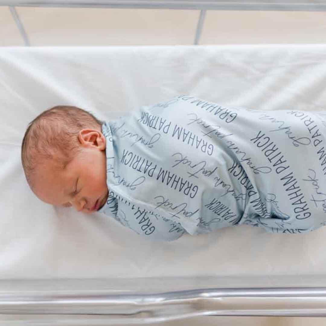 Personalized Light Dusty Blue Baby Name Swaddle Blanket - Block & Script