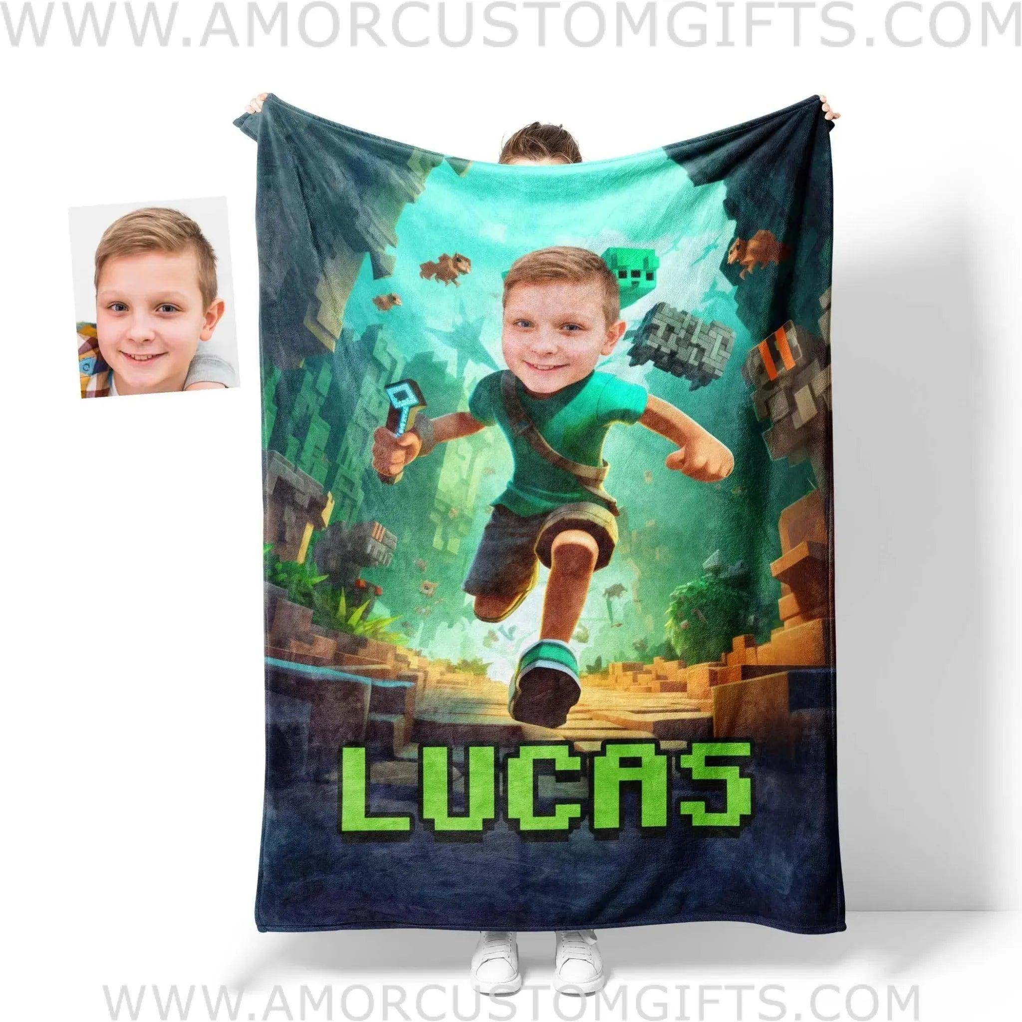 Personalized Block-based 3D Sandbox Video Game Green Boy Blanket