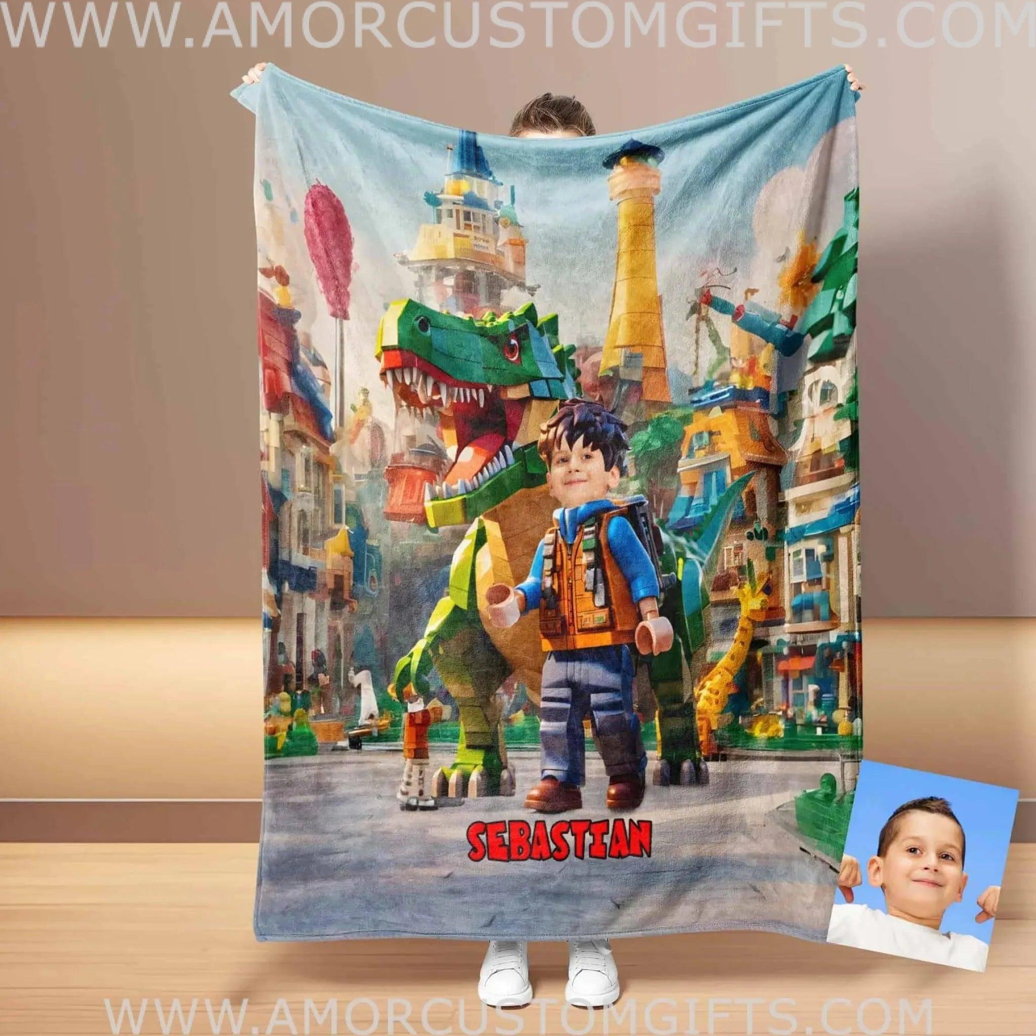 Personalized Interlocking Building Blocks Dino 2 Photo Blanket | Custom Blanket For Boys