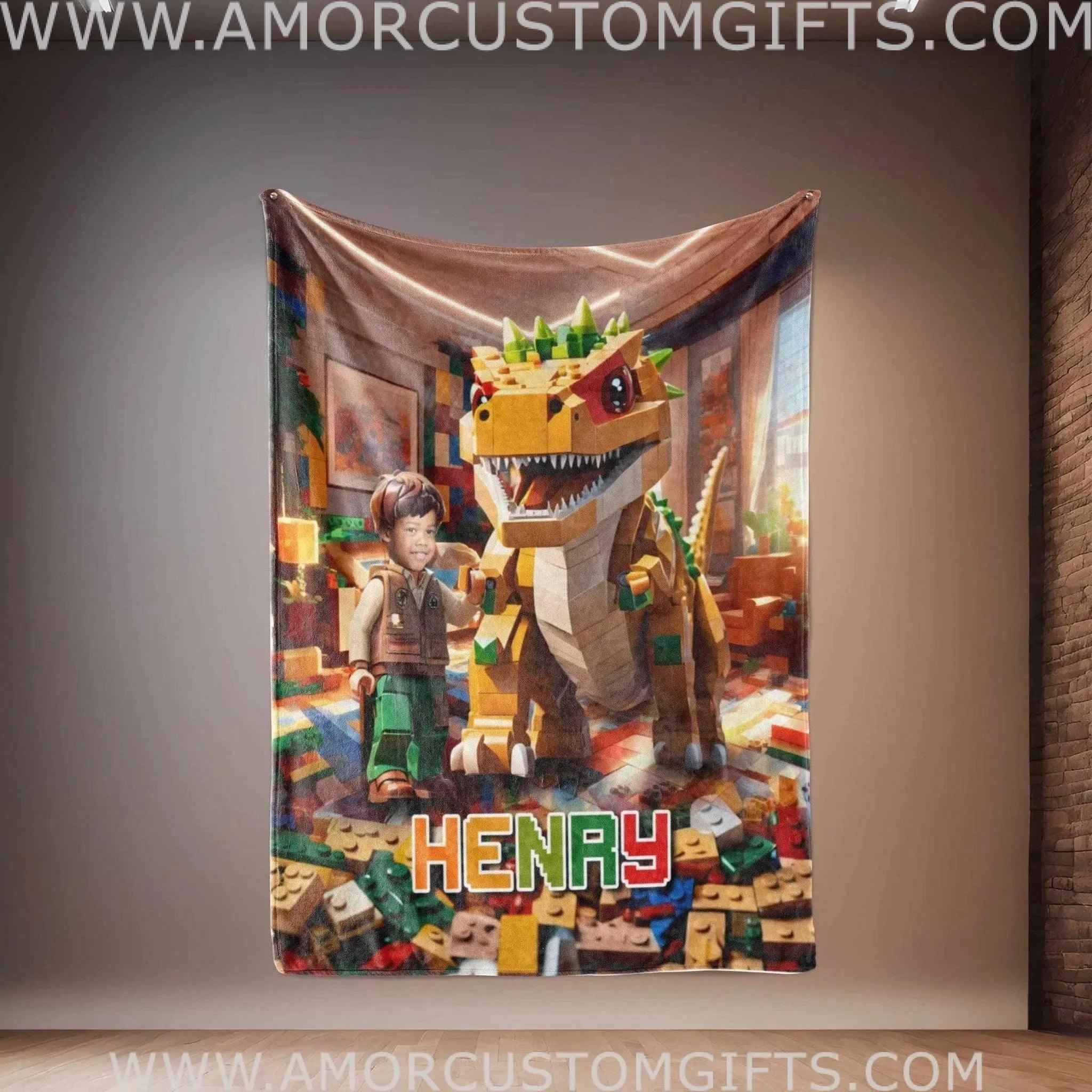 Personalized Interlocking Building Blocks Dino 4 Blanket | Custom Blanket For Boys