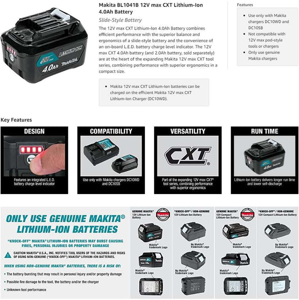 Makita BL1041B 12V max CXT Lithium-Ion 4.0Ah Battery, Black