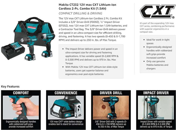 Perceuse Visseuse 12 V Cxt Li-Ion 2 Ah10 Mm (5 Batteries) Makita - Echamat  Kernst