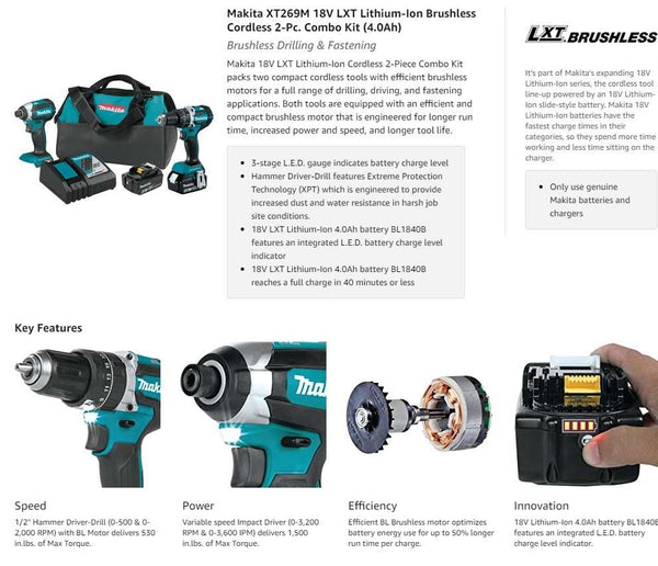 Makita XT269M 18V LXT Lithium-Ion Brushless Cordless 2-Pc. Combo Kit (4.0Ah)