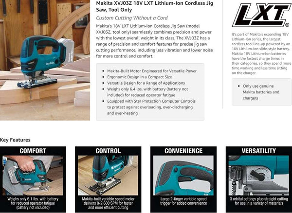 Makita XVJ03Z 18V LXT Lithium-Ion Cordless Jig Saw, Tool Only