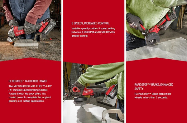 Milwaukee 2888-20 M18 FUEL™ 4-1/2" / 5" Variable Speed Braking Grinder, Paddle Switch No-Lock (Tool Only)