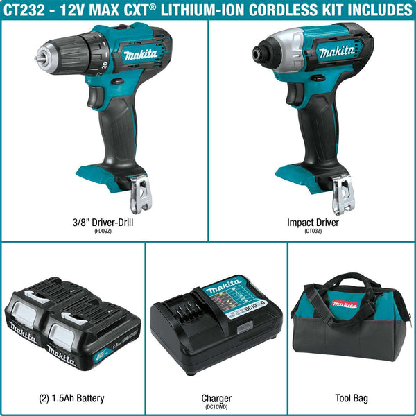 Makita CT232 12V max CXT Lithium-Ion Cordless 2-Pc. Combo Kit (1.5Ah)