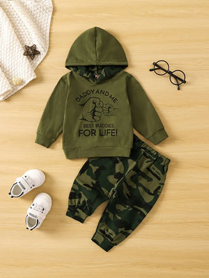 “Daddy and Me Best Buddies for Life” Print Hoodie Sweatshirt & Camouflage Print Pant Set Kids Clothes - Up and Coming Emporium