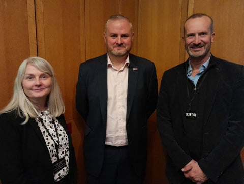 Brain Tumour Research Director of Research Dr Karen Noble, Health Minister Andrew Stephenson and Brain Tumour Research CEO Dan Knowles