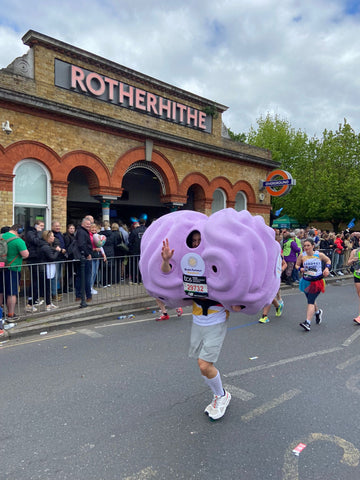 Jess Walklin running the London Marathon in a giant brain costume