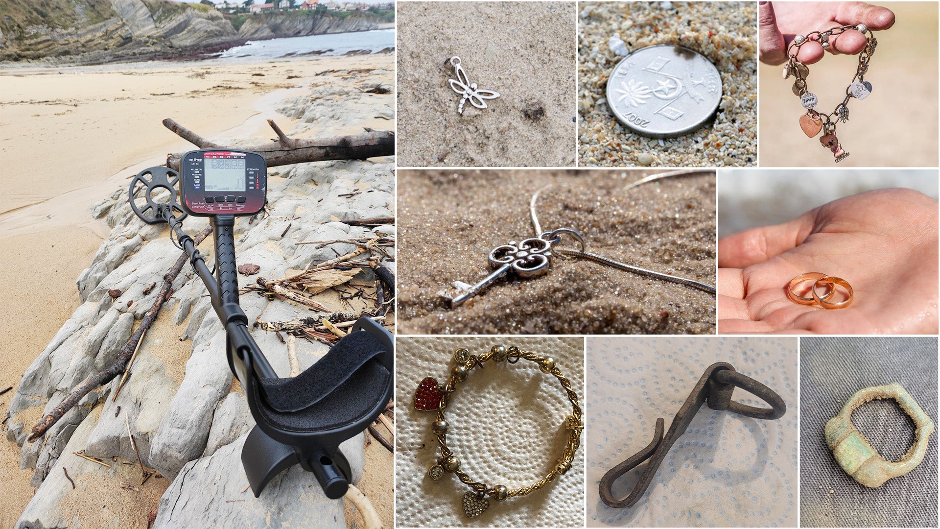 A collage of metal detecting finds on the beach