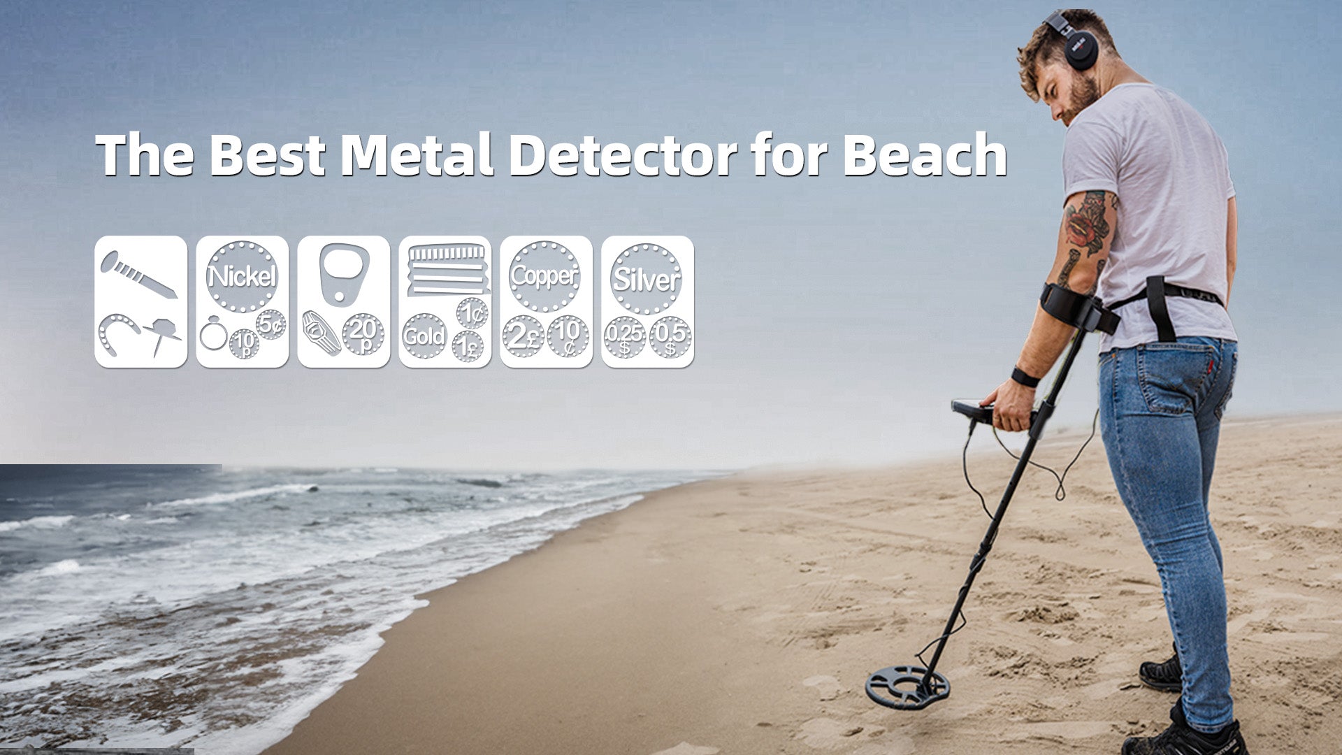 Man with a metal detector on the beach, icons of metals and treasures displayed above