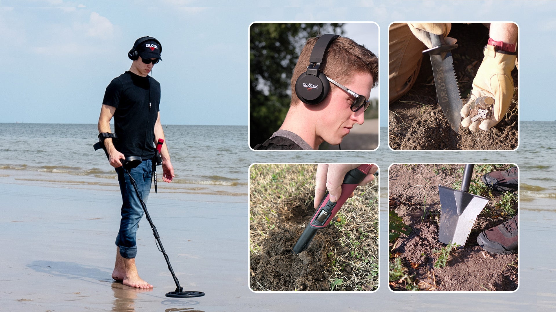 a man doing metal detecting on the beach