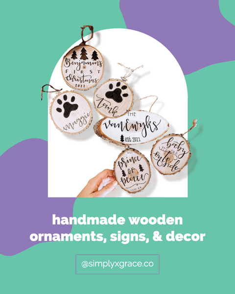 handmade wooden ornaments and signs by simplygrace.co