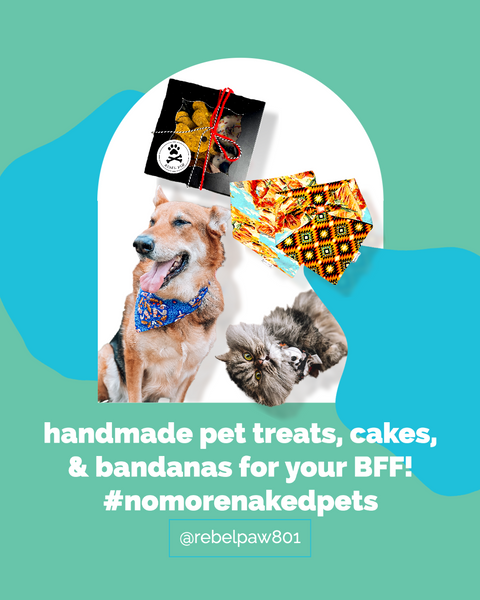 handmade, reversible dog bandanas, treats, and cakes made by rebel paw 801