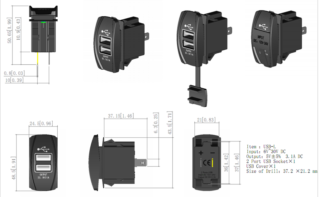 DS2013-L Style interrupteur à bascule 3,1 A Double chargeur USB Dimensions