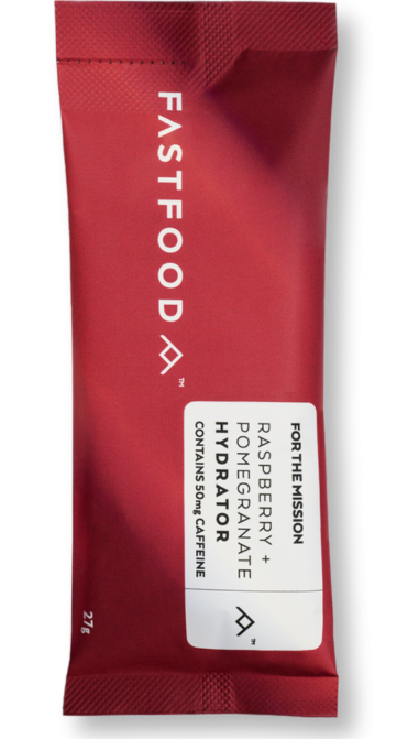 Red sachet of FASTFOOD Raspberry Pomegranate Hydrator with caffeine content.