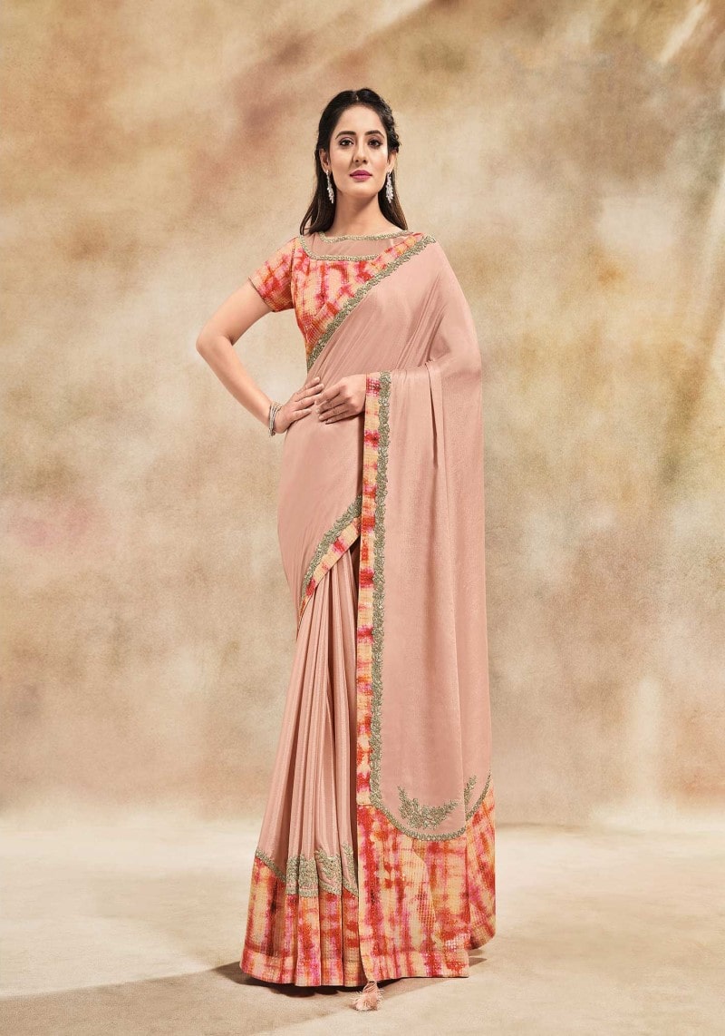 Beige crepe silk plain saree with designer blouse 42009