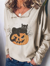 Load image into Gallery viewer, Women&#39;s Knitted Tops Cute Cat And Halloween Pumpkin Print Split V Neck Oversized Buttons Sweatshirts
