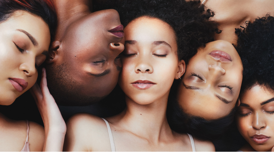 5 women's faces next to each other laying down