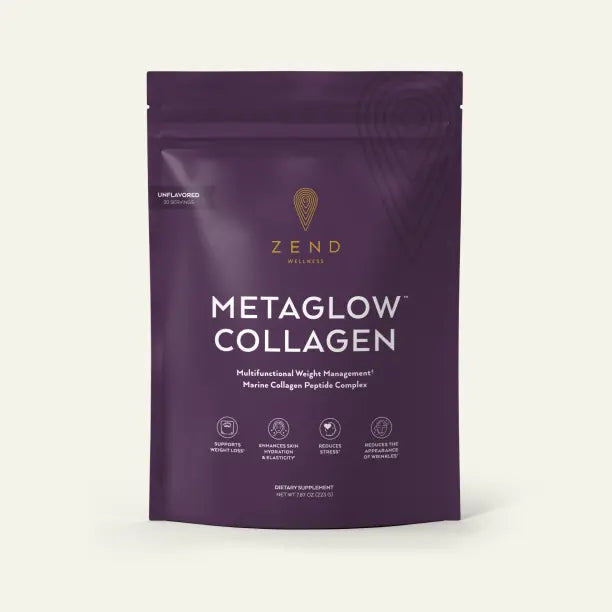 Purple package of Zend Wellness Metaglow Collagen supplement for weight management and skin health.