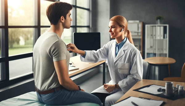 a female doctor listens to a patient with hearing aids and a bluetooth stethoscope