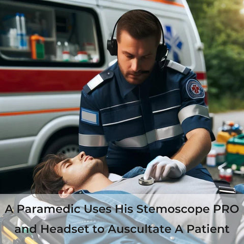 a paramedic uses his stetmoscope pro digital stethoscope and bluetooth headset to auscultate a patient