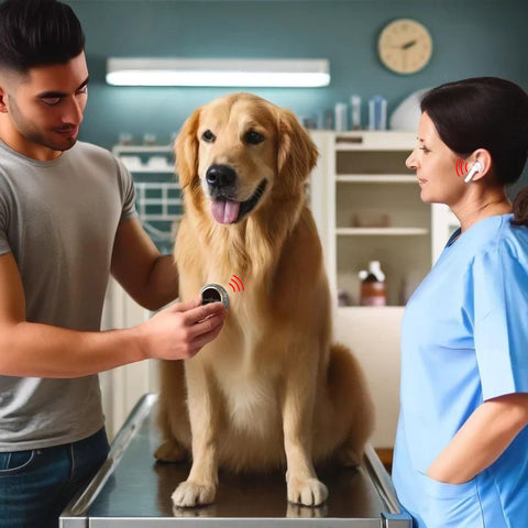 a veterinarian checks a dog with a digital stethoscope held by the pet parent for fear-free veterinary medicine