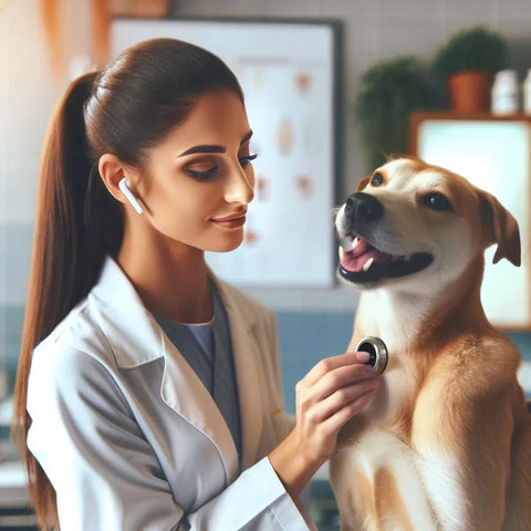 a veterinarian uses a stemoscope pro digital stethoscope to listen to a happy dog for fear free veterinary medicine