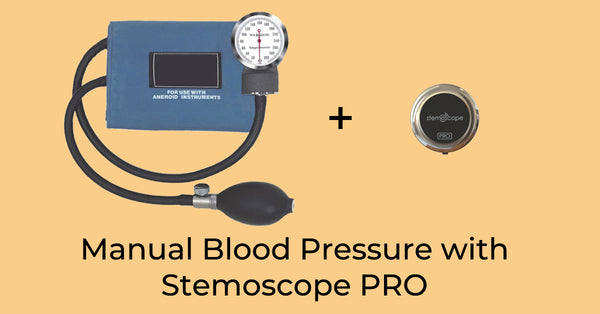 A digital stethoscope is used with a blood pressure cuff to measure manual blood pressure