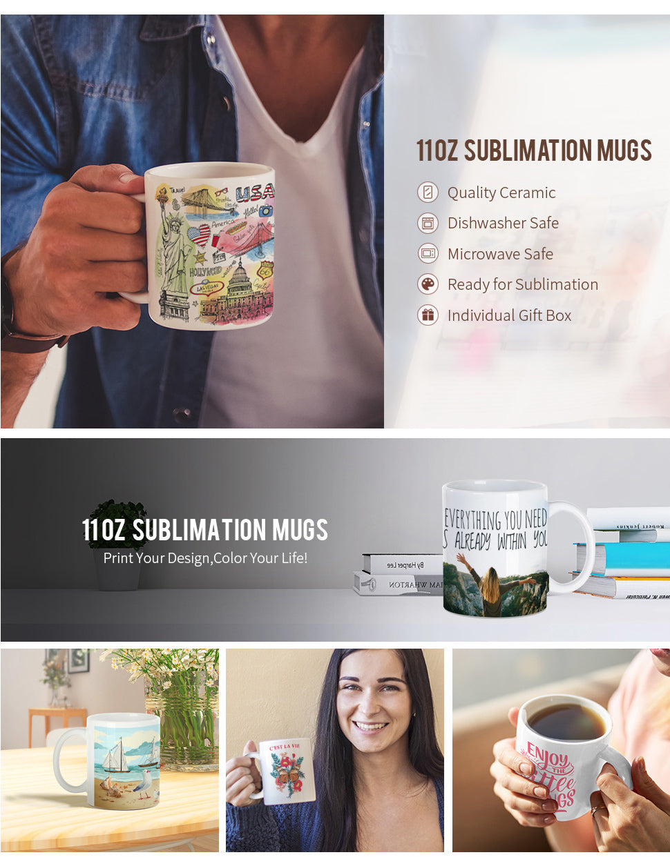 PYD Life 8 Pack Sublimation Mugs Blanks 11 oz Gray Marble Texture Coffee Mugs Ceramic Photo Cups Bulk for Cricut Mug Press Print