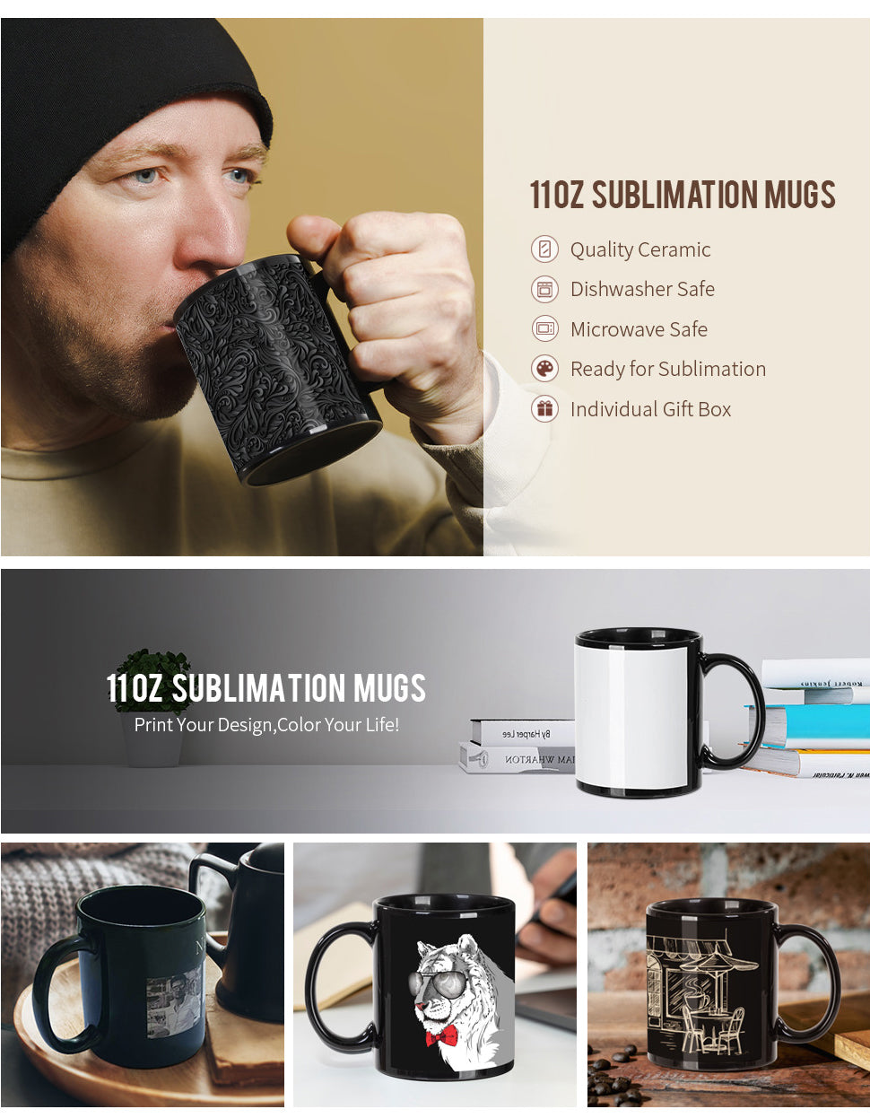 Mugsie 12 PACK 11 oz. Ceramic Mug - Two-Tone Sublimation Blank Mugs - BLACK  Inner and WHITE Handle - Individually Packed in a 