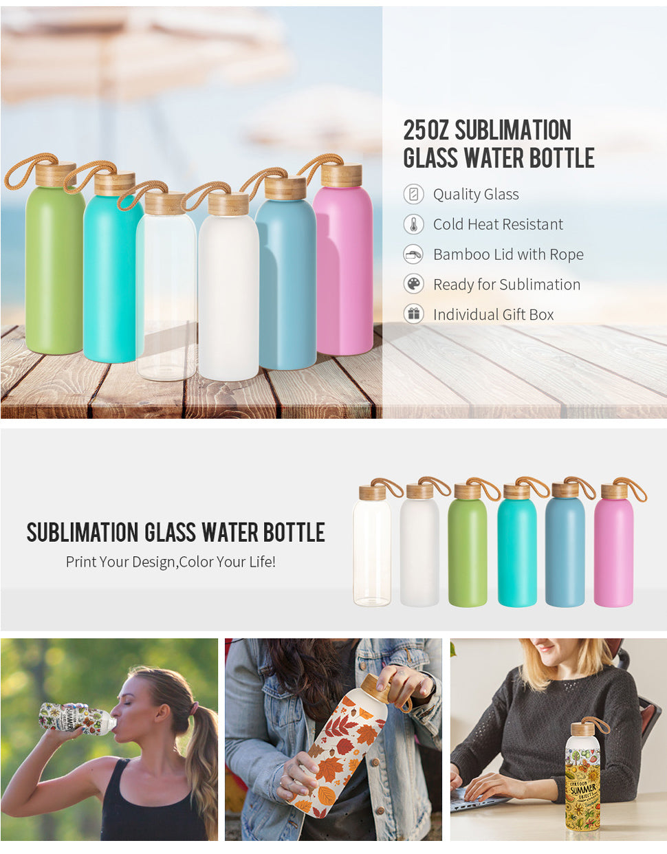 PYD Life Sublimation Glass Water Bottles Blanks with Bamboo Lid and Portable Rope Clear 25 oz Outdoor Travel Leakproof Glass Tumblers Cups for