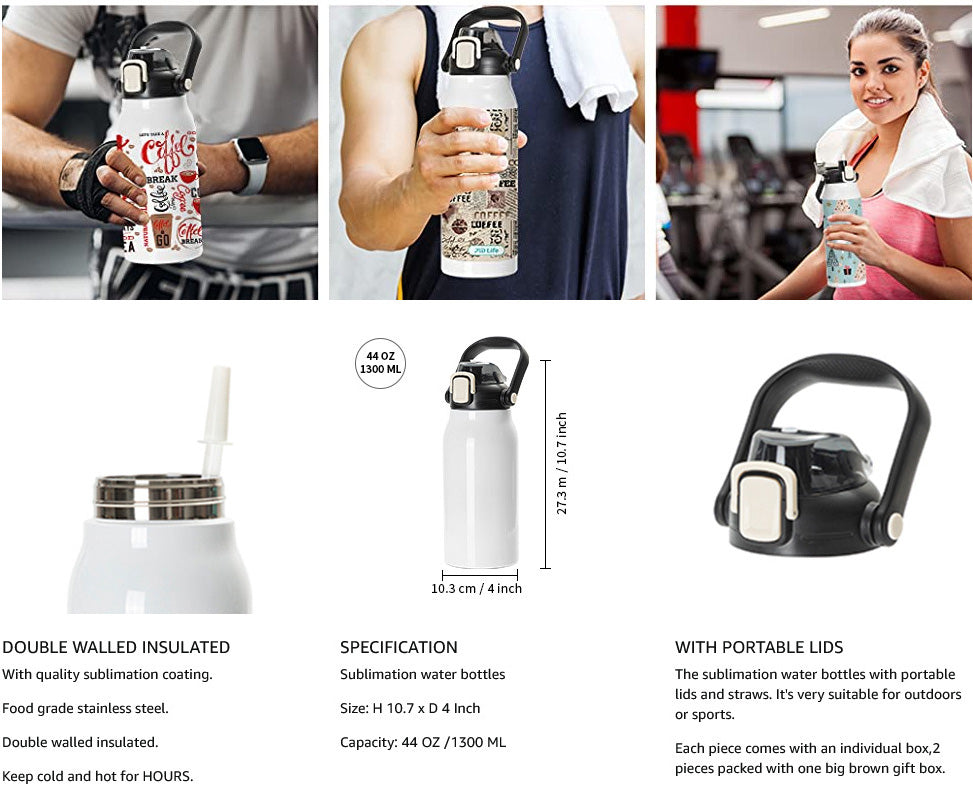 Sublimation Large Water Bottles White with Flip Lock Handle Cap and Pr –  PYD LIFE