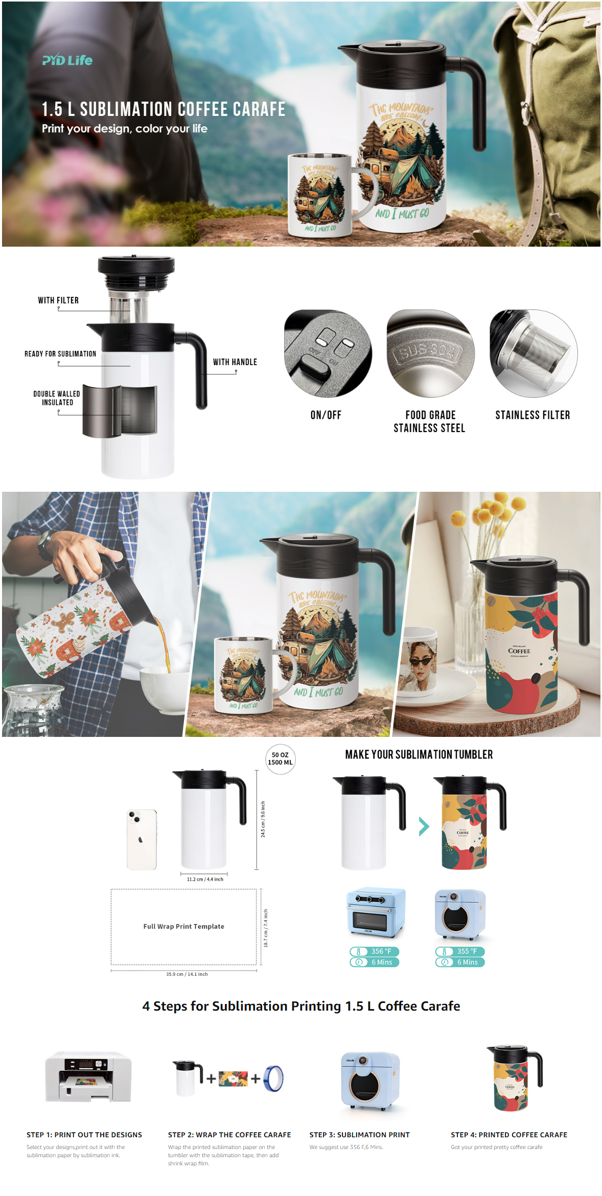 Wholesale Sublimation Thermal Insulated Coffee Carafe Pot with Filter White  50 OZ 1.5 Liter 4 Pack