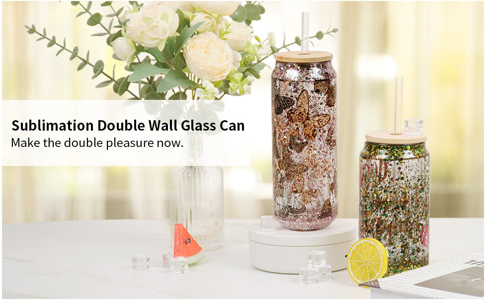 15oz Double Walled Glass Tumbler Blank Can Sublimation Bamboo Lid