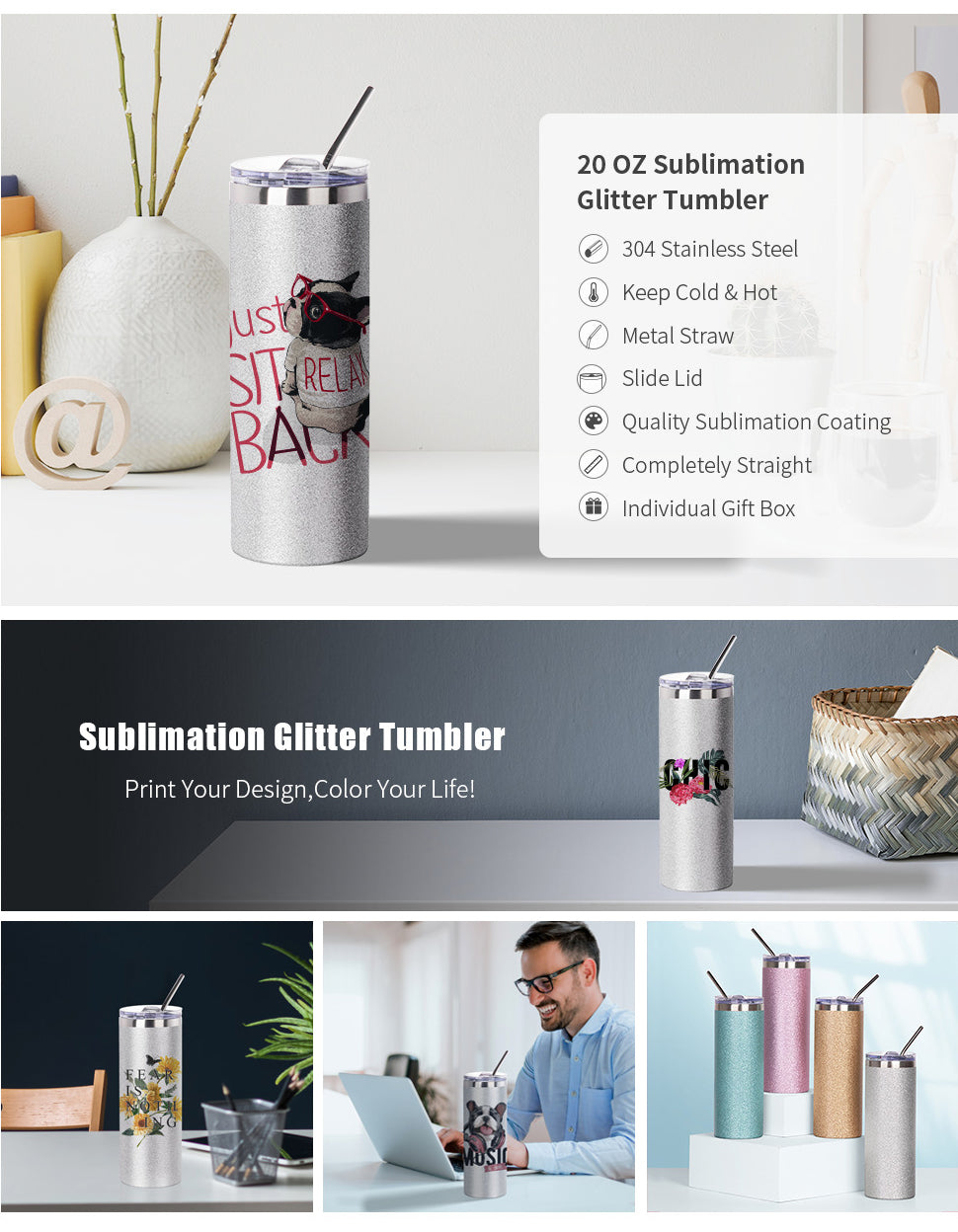 20 oz Glitter sublimation skinny Tumblers Stainless Steel Straight