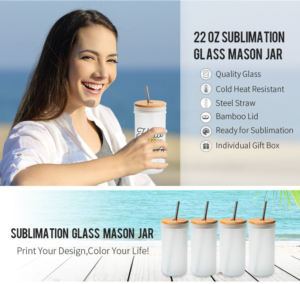 Sublimation Glass Tumbler with Bamboo Lid and Metal Straw 24 oz 4 Pack