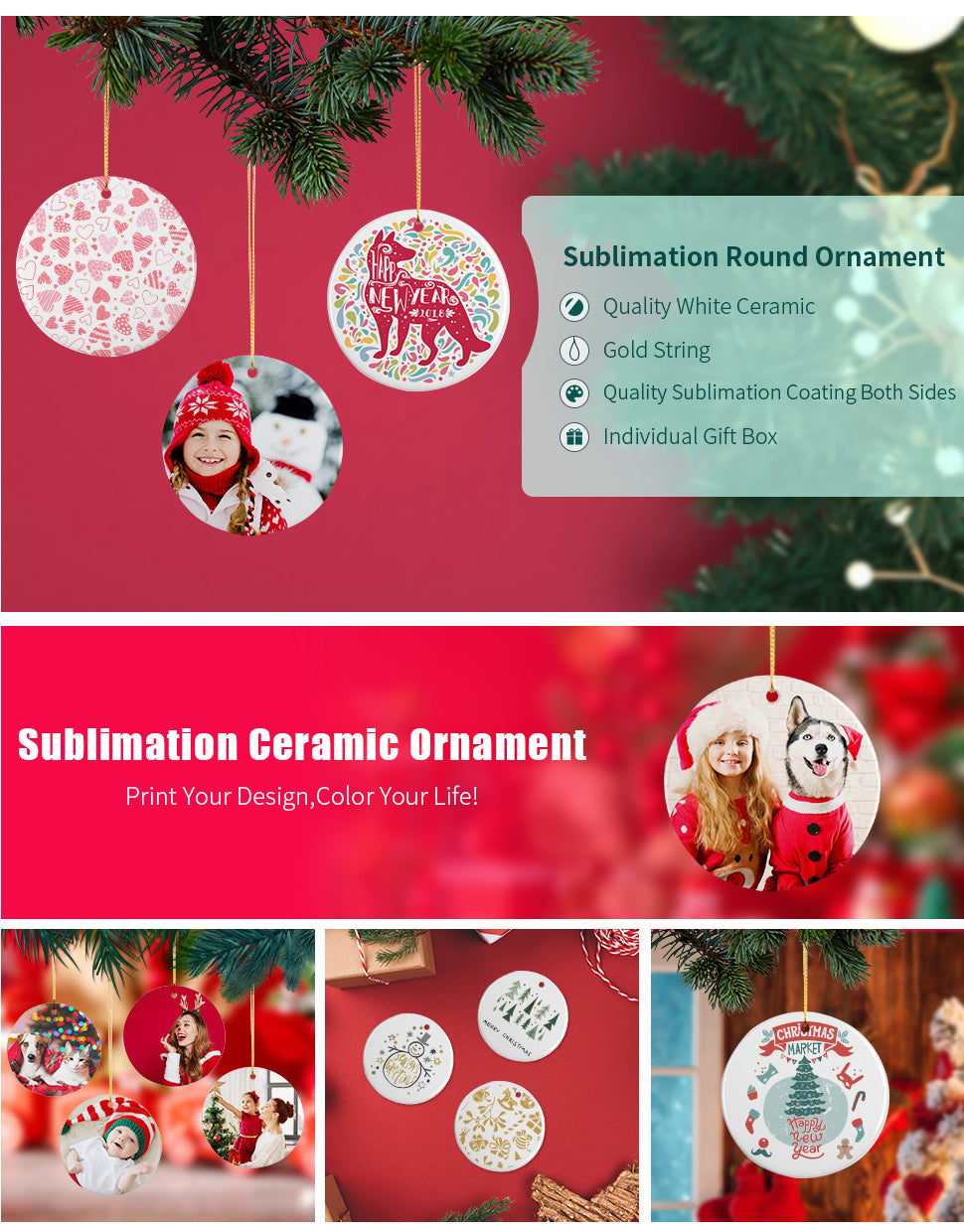 D-groee 1 Set Sublimation Ceramic Ornament Bulk White 2.87 inch Round Blank Ornament with Gold String for Crafting DIY Personalized Christmas Home