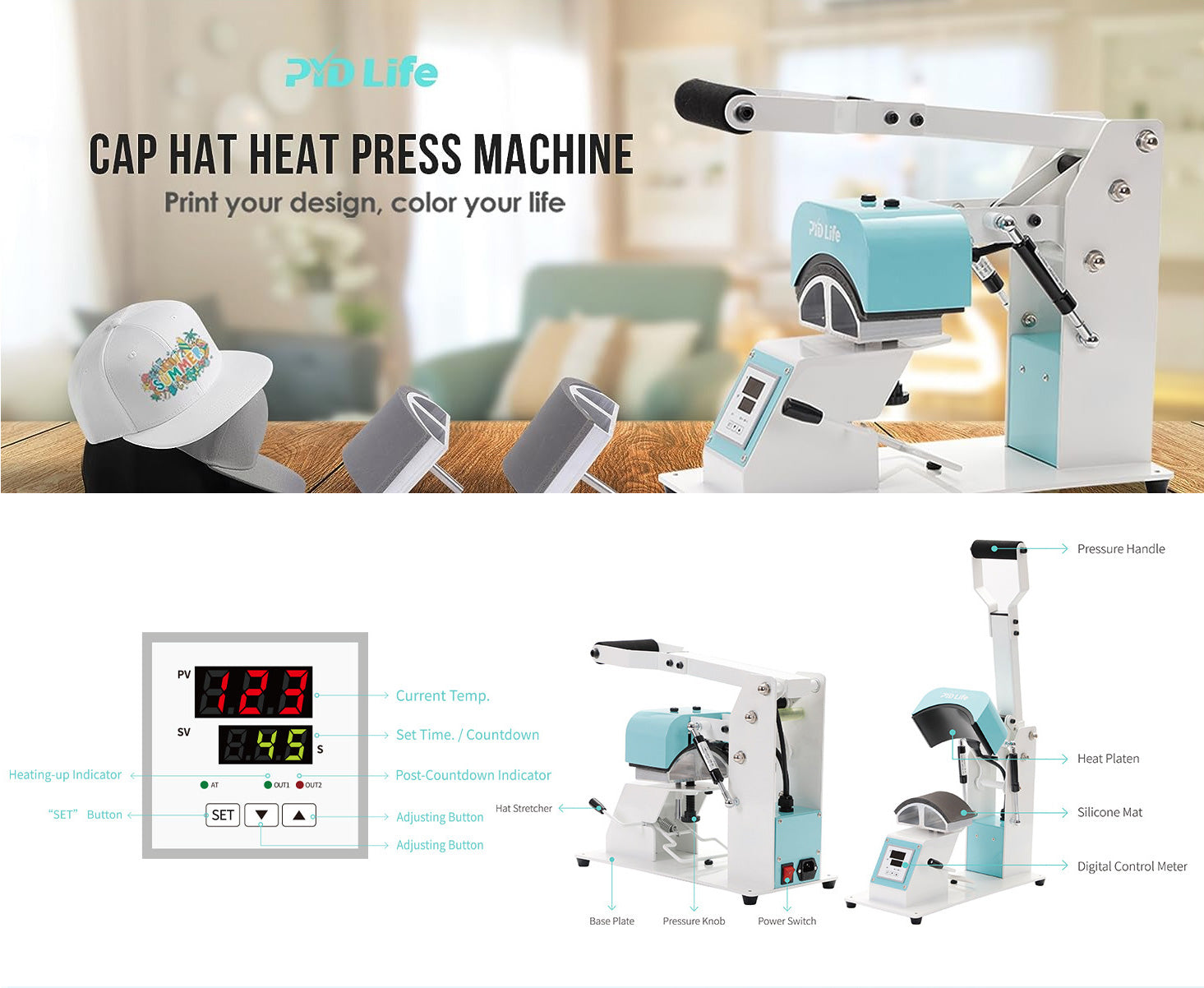  PYD Life Caps Hat Heat Press Machine Mint Green 6.5 x 3 for  Sublimation Printing and HTV DIY Projects,with 2 Pieces Silicone Mats(5.9  x 3.15,5.9 x 3.74) : Arts, Crafts 