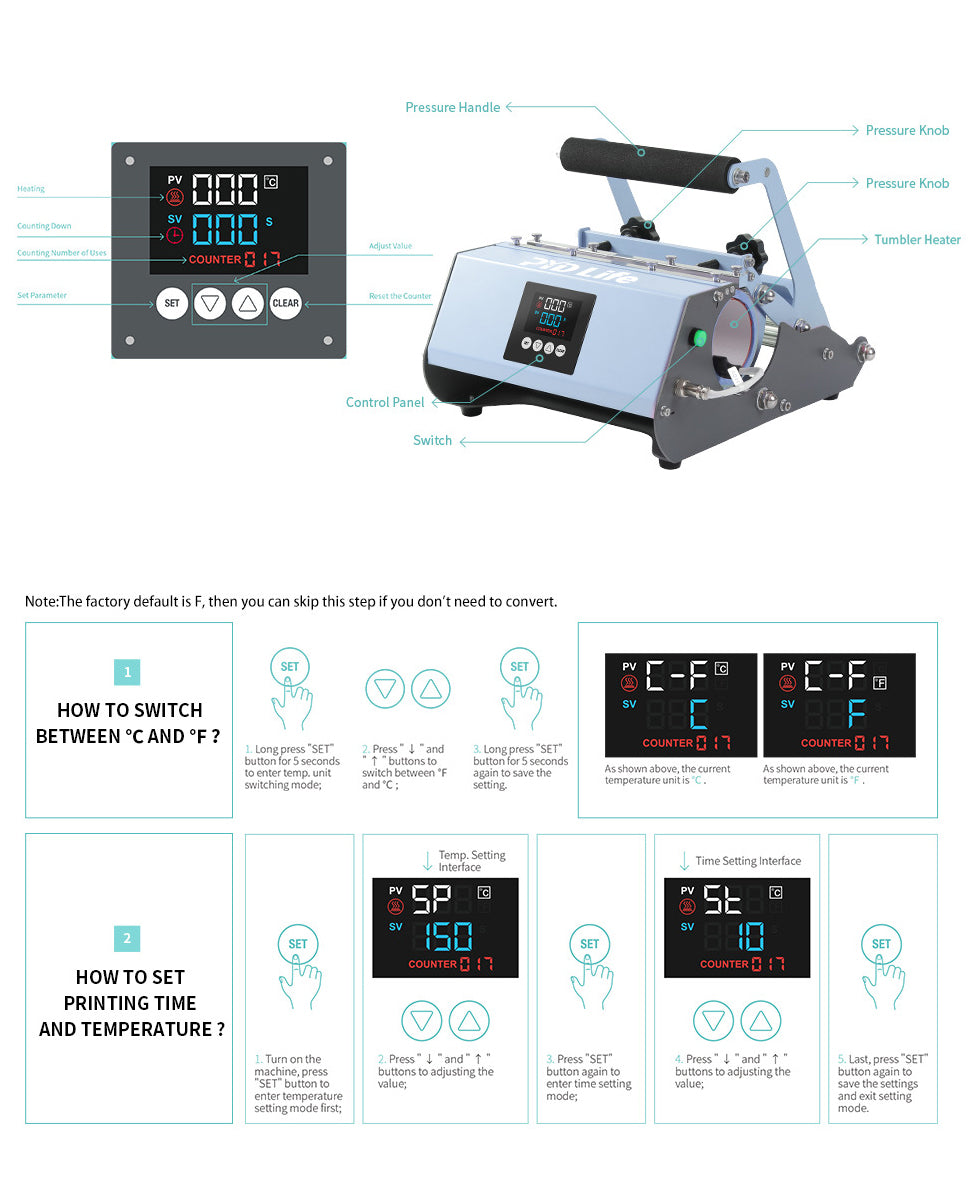 PYD Life PLMP40MG-2 2 in 1 Tumbler Machine 110 V Baby Blue Mug Heat Press