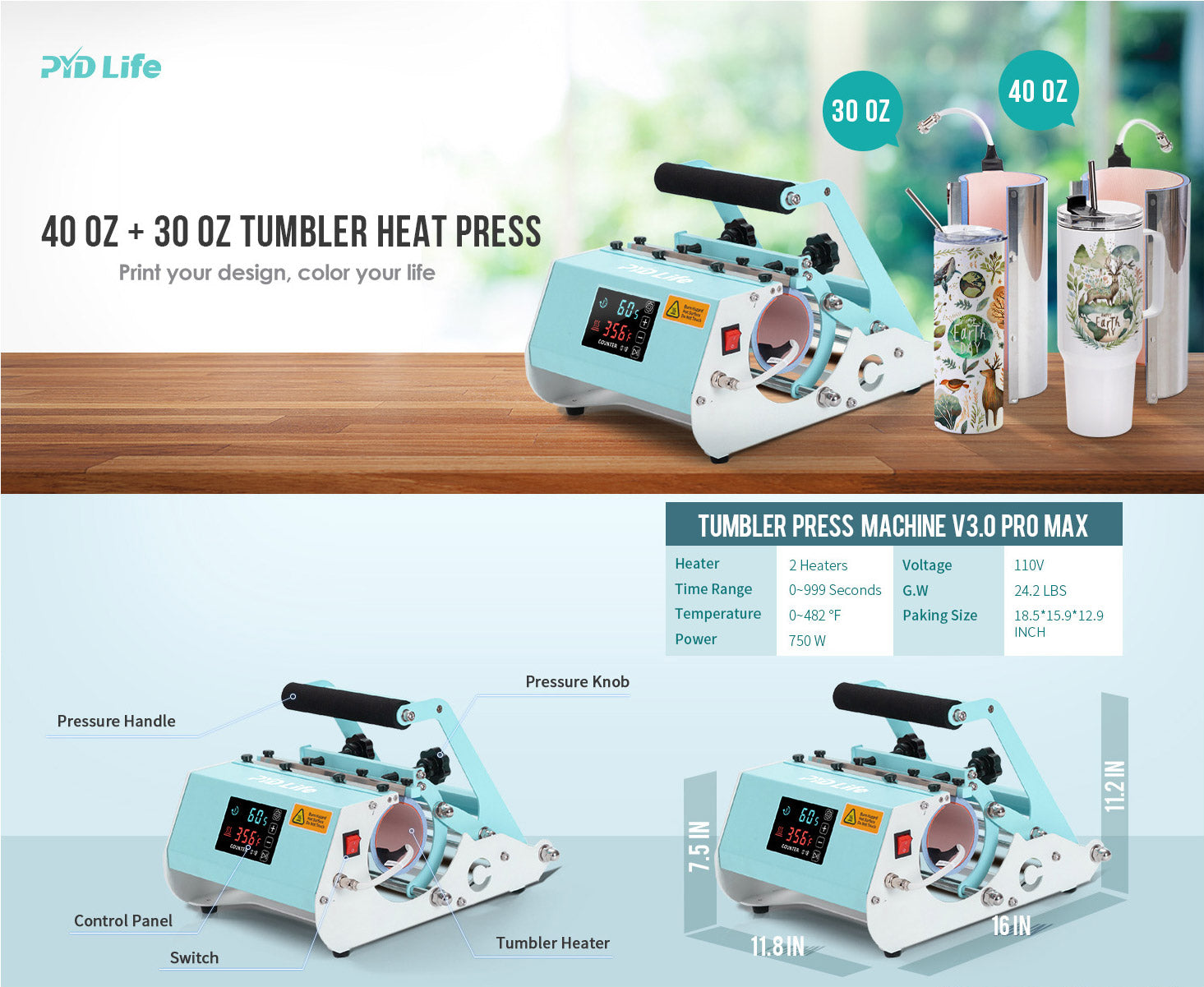 PYD Life on Instagram: 2 in 1 Tumbler Heat Press Machine(with 30oz+40oz  heater)Touch Screen 🛒Shop Now  tumbler-heat-press-v3-0-max-with-buttons-30oz-40oz-light-blue #pydlife # sublimation #tumblerpress