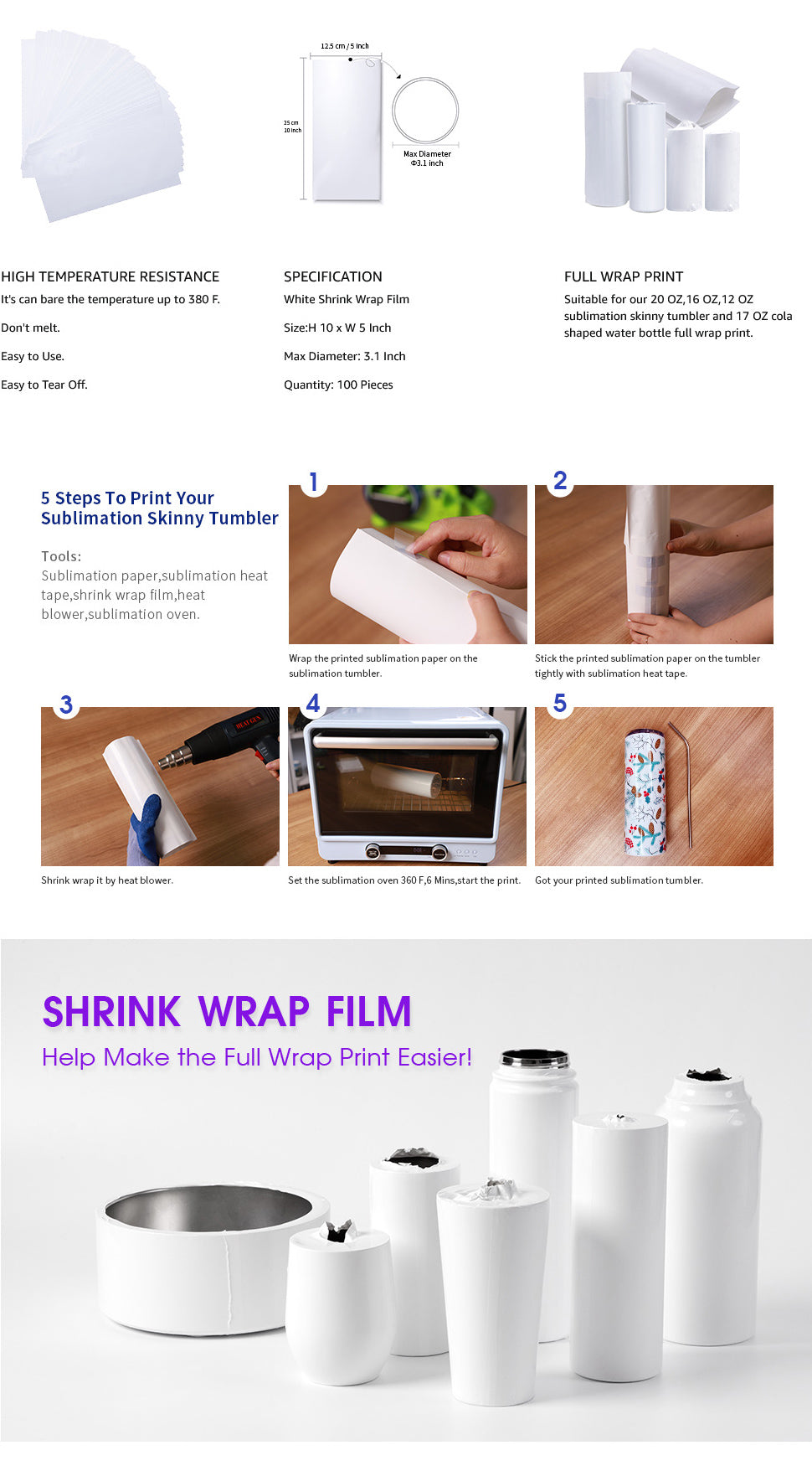5x10 Inch Sublimation Shrink Wrap Sleeves, White Sublimation Shrink Wrap  for Tumblers, Mugs, Cups and More, 60 Pcs Sublimation Shrink Film