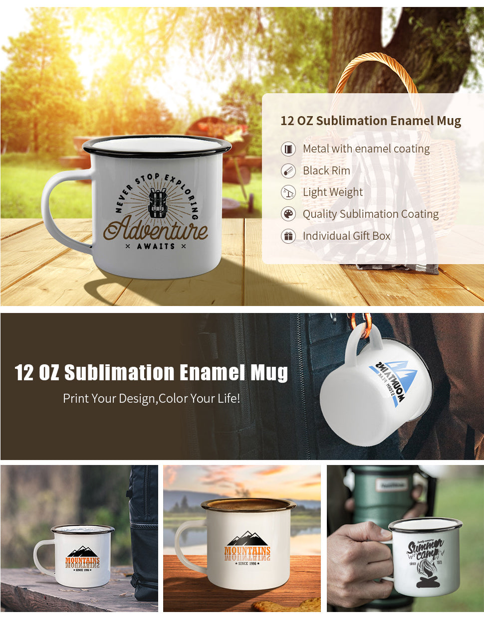 PYD Life Sublimation Blanks Enamel Mug White 17 OZ Camping Coffee Travel  Metal Mug with Silver Rim Sublimation Cups Tumbler 4 Pack