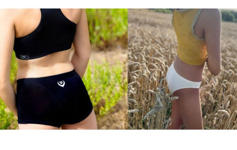 2 photos montrant 2 jeunes filles de dos : l'une portant le shorty menstruel BON, le seconde porte la culotte de règles 'Nude' sans couture