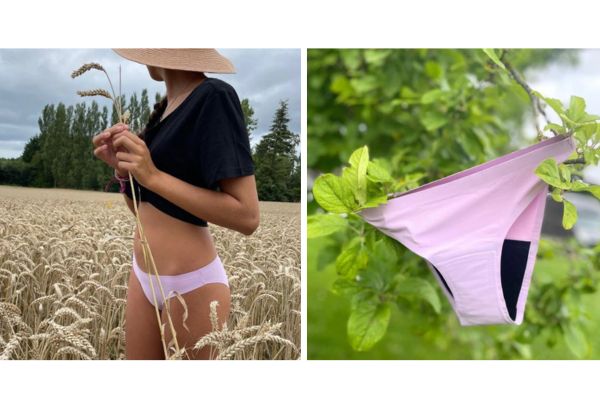 jeune femme dans un champ, regardant l'horizon. Elle porte une culotte de règles mauve sans couture