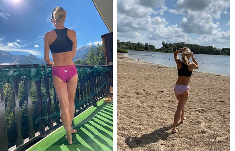 deux photos d'une jeune femme sportive en montagne et sur la plage