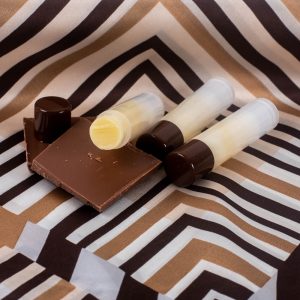 Finished tubes of Chocolate Mint Lip Balm.