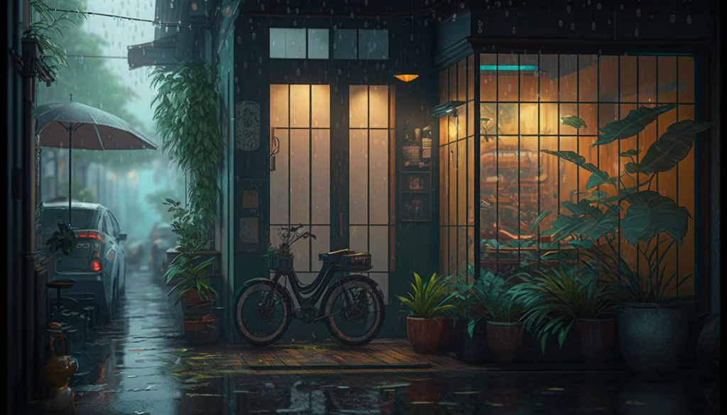 E-bike in the rain beside cafe