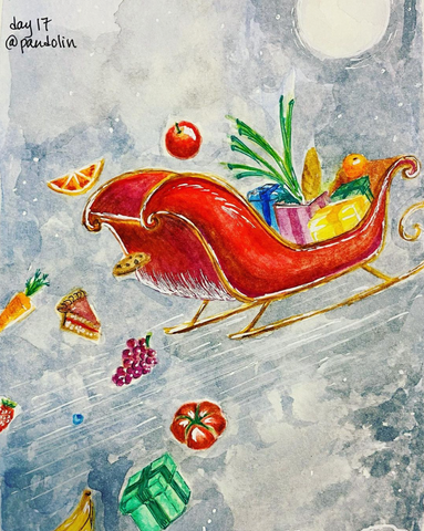 A watercolour painting of a red sleigh full of presents and foods flying through the night sky. Foods are flying out of the sleigh.